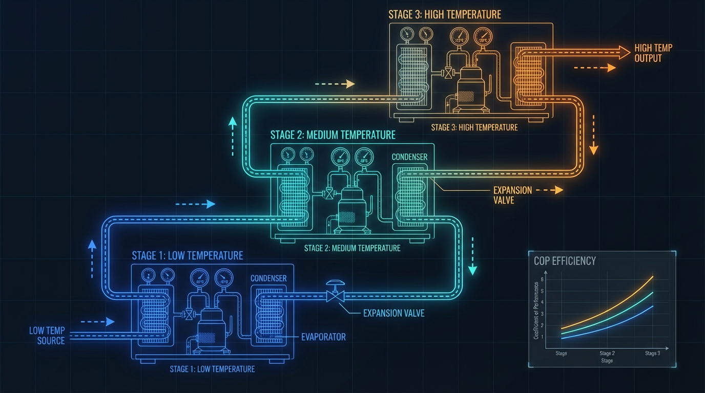 Cascaded heat pump system diagram showing three temperature stages with glowing energy flows